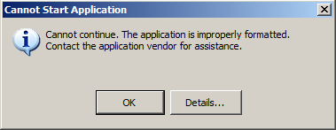 Cannot continue. The application is improperly formatted. Contect the application vendor for assistance.